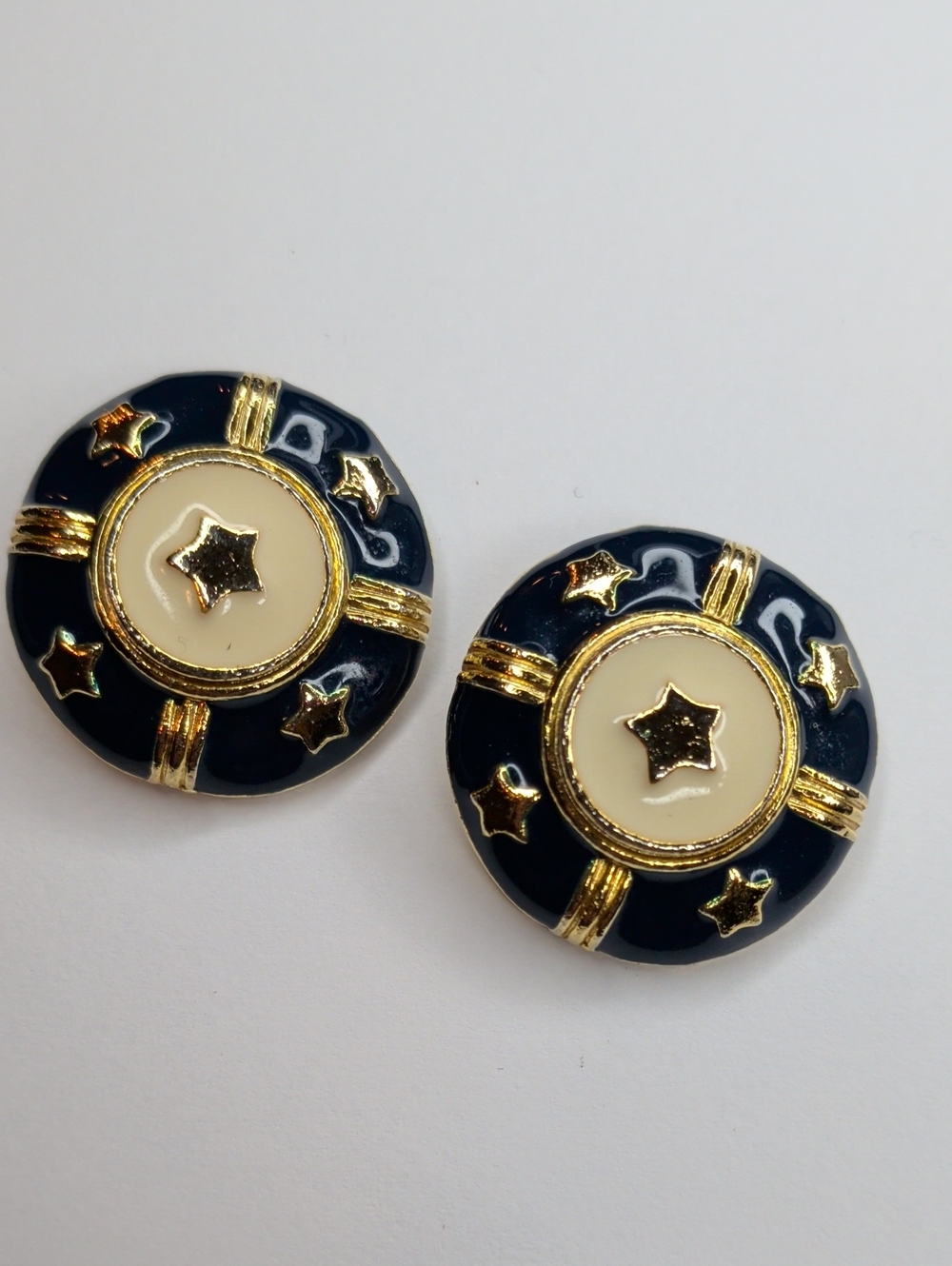 Vintage 80s Navy Blue Star Earrings Round Enamel Gold Tone Old Money